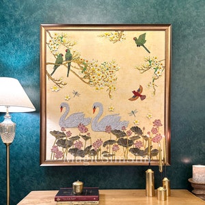 Precious bejewelled artwork Swan Lake made with age-old adornment hand embroidery techniques in India for home house office wall art Décor