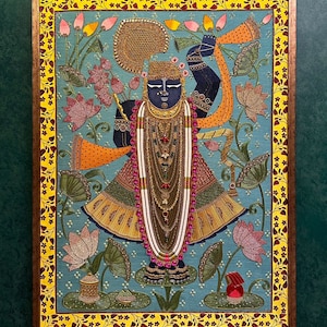 Shrinathji Kamal Talai - Precious Bejewelled Hand Embroidered Artwork for Luxury Hindu Home Office Puja Temple Living Room Wall Art Decor