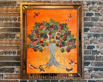 Banyan tree Precious bejewelled artwork made through age-old adornment embroidery art in India for living dinning room home office décor