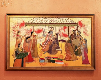 Hindola Raga - Lord Krishna celebrating Holi with Maa Radha & Ashtasakhi Hand Embroidered Precious Bejewelled Wall Art for Home Office Decor