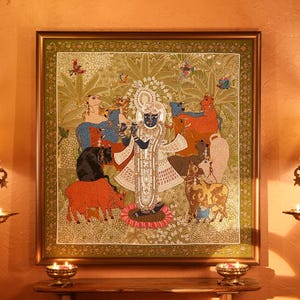 Kunj Shrinathji - Precious Bejewelled Hand Embroidered Framed Wall Art for Religious Hindu Home Puja Temple Room Decor
