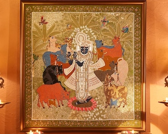 Kunj Shrinathji - Precious Bejewelled Hand Embroidered Framed Wall Art for Religious Hindu Home Puja Temple Room Decor