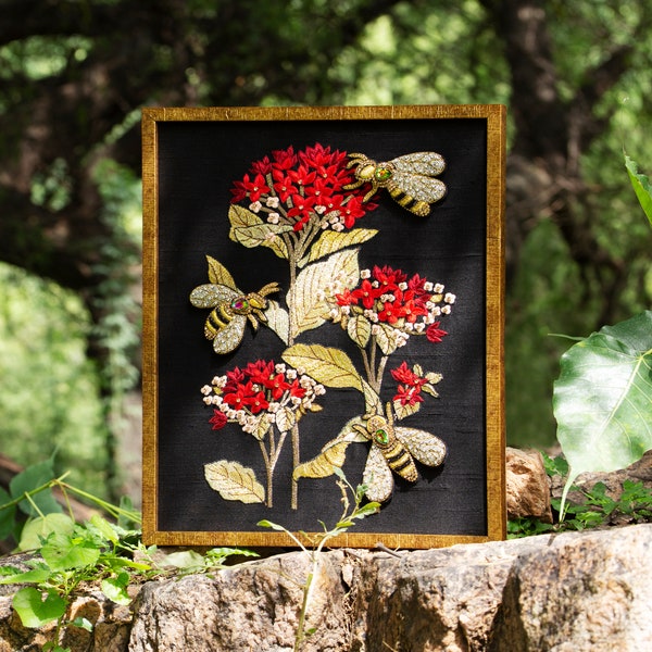 Embroidery & Needlepoint Handmade Art Work For Wall Decor | Ixora Plant 3D Honey Bee Asian Framed Wall Hanging Art Gifts For Home Decor