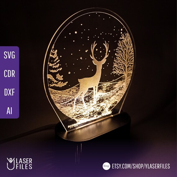 Snow Deer 3D LED Light Lamp Laser Cutting File dxf Ai Cdr Svg