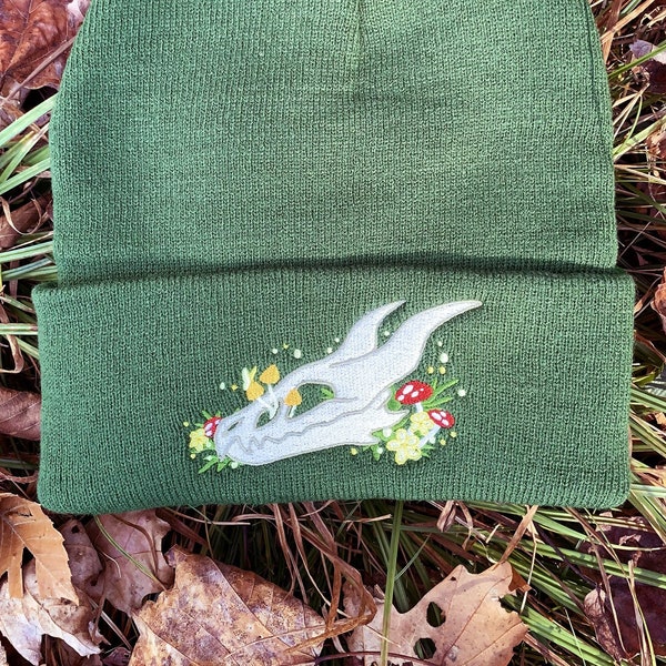 Forest Dragon Skull Knit Beanie Cap || Embroidered Warm Cozy Winter Autumn Cold Weather Hat