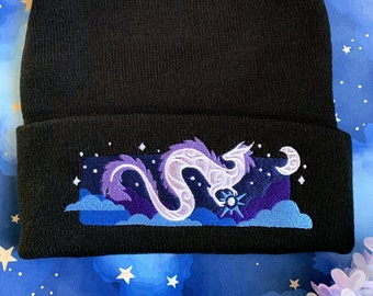 Night Sky Dragon Knit Beanie Cap || Embroidered Warm Cozy Winter Autumn Cold Weather Hat
