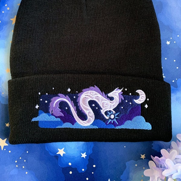 Night Sky Dragon Knit Beanie Cap || Embroidered Warm Cozy Winter Autumn Cold Weather Hat