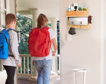 Wall Organizer for Entryway - Office Organization - Key and Mail Holder - Mango Wood Shelf with Magnetic Hooks - Dog Leash Holder for Wall