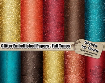 10 Glitter Embellished Digital Papers - Fall Tones - Printable | Scrapbook | Digiscrap | Backgrounds | 300dpi | 12”x12” |