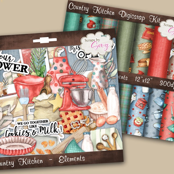Country Kitchen Digiscrap Kit | 15 Papers | 32 Elements | Digital Scrapbooking | Printable | Papercrafts | Backgrounds | Cooking | Baking |