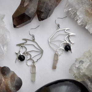 Dark Fairy Earrings //// bat wing smoky quartz onyx crystal witch witchy whimsigoth goth alt star