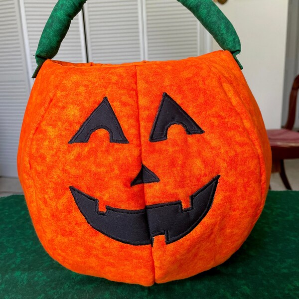 Handmade Trick or Treat Jack O'Lantern Pumpkin Tote. Orange w/ Orange Lining & Green Handle. (Second)