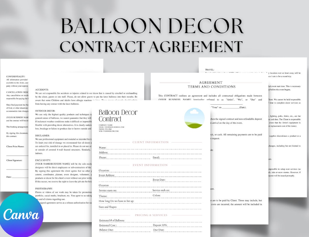 Editable Professional Balloon Artist Contract Template, Balloon Decor Editable Professional Balloon Artist Contract Template, Balloon Decor