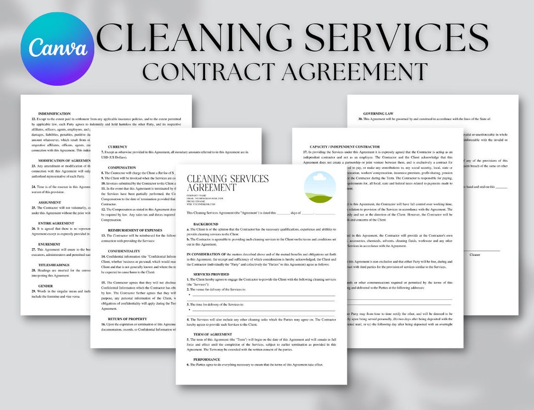 Editable Cleaning Services Contract Agreement, Professional Cleaning