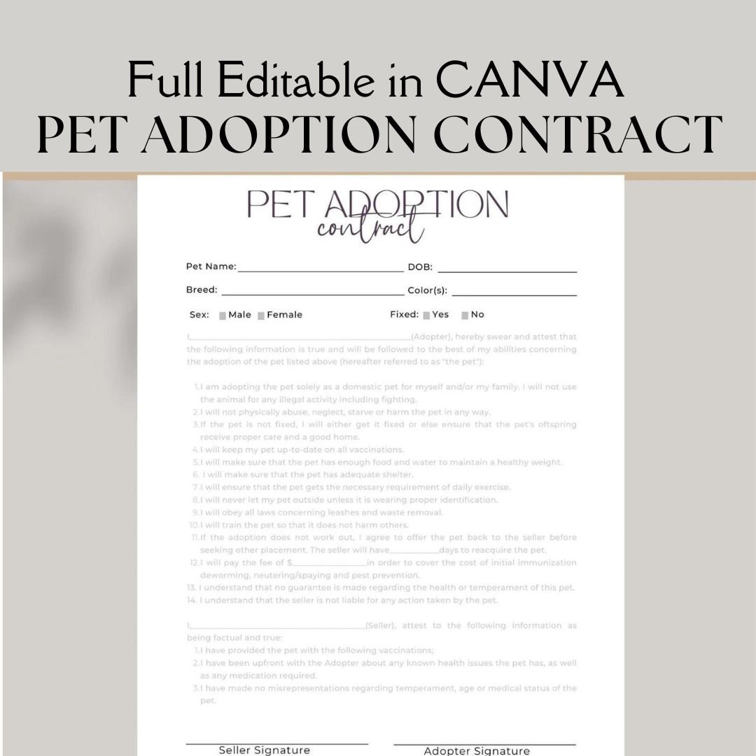 Editable and Printable Pet Adoption Contract, Instant Download Puppy Editable and Printable Pet Adoption Contract, Instant Download Puppy