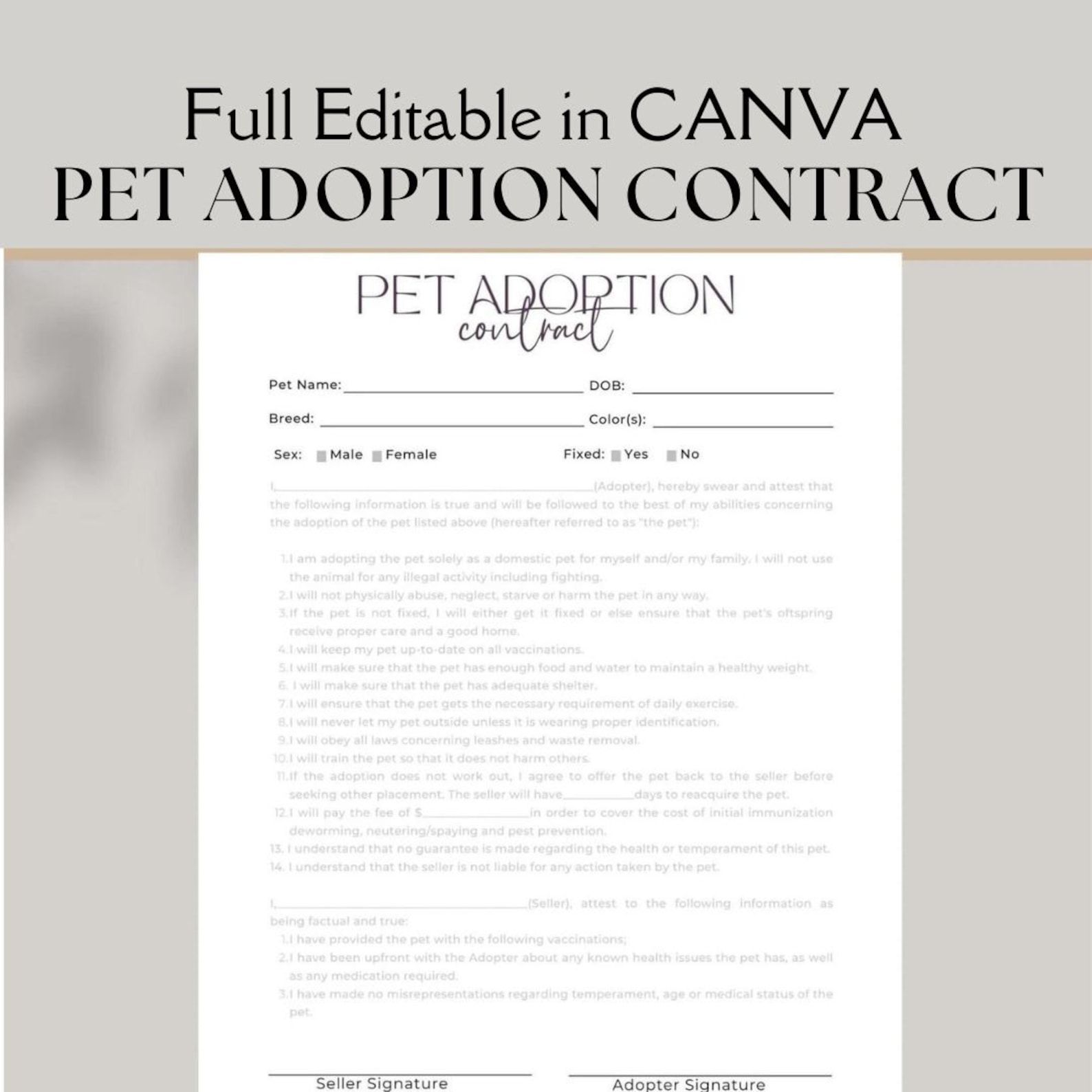 Editable and Printable Pet Adoption Contract, Instant Download Puppy Editable and Printable Pet Adoption Contract, Instant Download Puppy