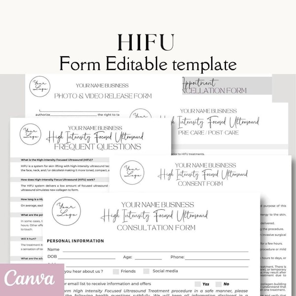 HIFU Client Consent Intake Treatment Forms, High Intensity Focused Ultrasound Consent Form and Business Form, Beauty and Esthetician form