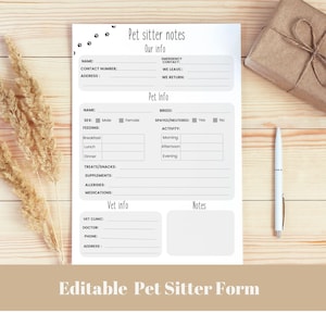 Pet Sitting editable Form PDF, Pet Sitter Instructions template , Pet Care, Pet Guide, Pet Sitting Notes,  Digital Download, PDF DOWNLOAD