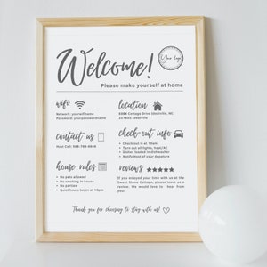 editable and Printable Airbnb Welcome Sign, Vacation Rental information Sign, Guest Arrival Frame for Rental, Renter info wifi poster