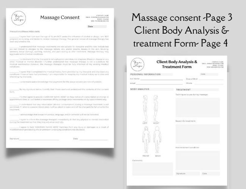 Editable and Printable Massage Therapist Client Forms, Massage Business Bundle Editable Template