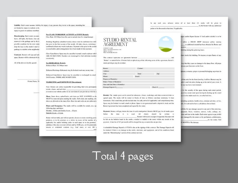 Editable and Printable Studio Rental Agreement Contract Template ...