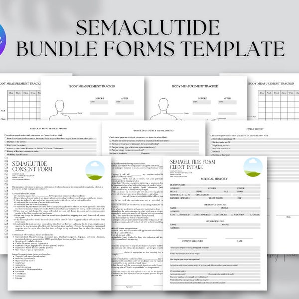 Modèle modifiable de formulaires de bundle de sémaglutide, entreprise de perte de poids, formulaire de consentement de sémaglutide, modèle d'admission de client de sémaglutide