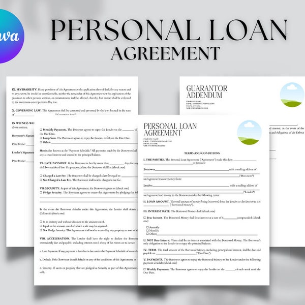 Editable and Printable Personal Loan Agreement template, Personal Loan Template, Personal Loan Contract, Personal Loan editable,