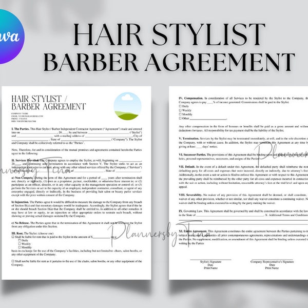Editable and printable Hair Stylist Barber Contract template, Barber Services Salon Rental Agreement, Salon Station Contract, Barber Chair