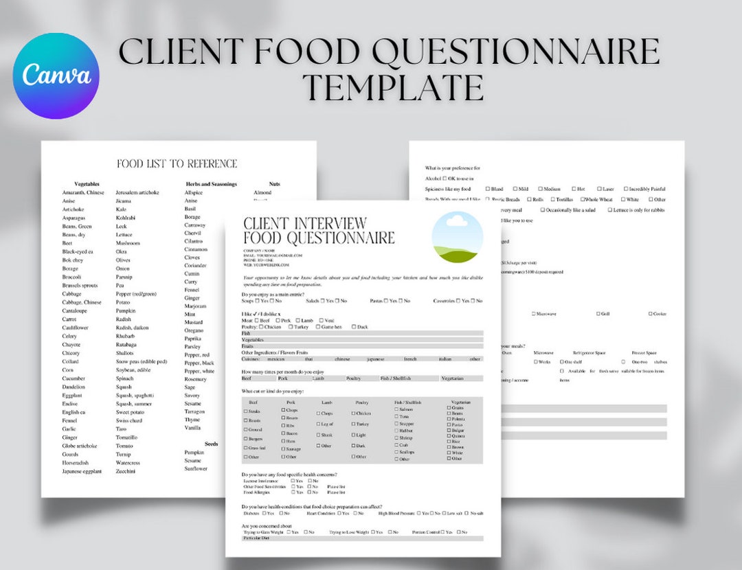 Editable Client Food Questionnaire Form Template, Weight Loss Business