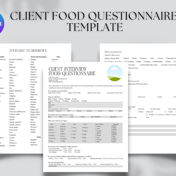 Modèle modifiable de formulaire de questionnaire sur l'alimentation du client, entreprise de perte de poids, formulaire d'entreprise de nutritionniste, questionnaire sur l'alimentation du client, antécédents médicaux