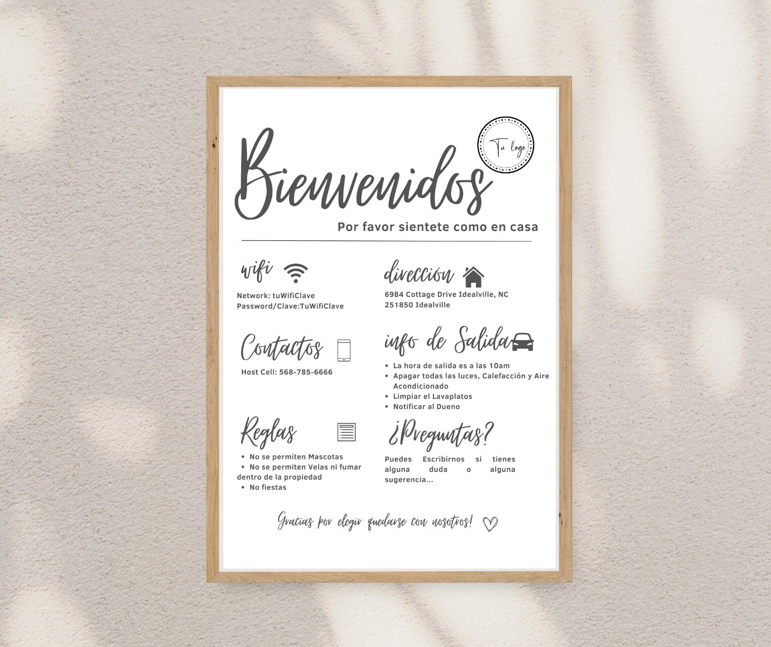 Editable and Printable Airbnb Sign Bundle in Spanish, Poster Para