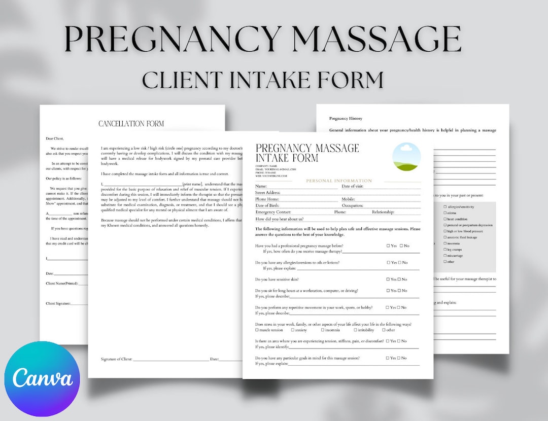 Editable and Printable Pregnancy Massage Client Intake Forms, Editable