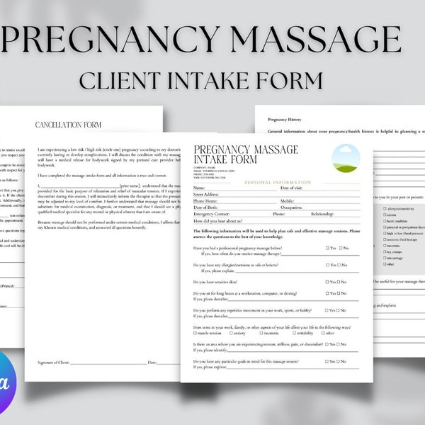 Editable and printable Pregnancy Massage Client Intake Forms, Editable Prenatal Consultation Form, Consent Forms, Massage women template