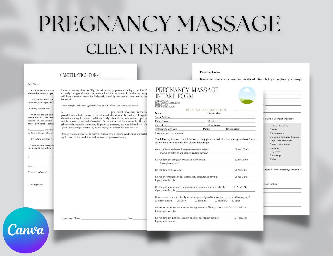 Editable and Printable Pregnancy Massage Client Intake Forms, Editable ...