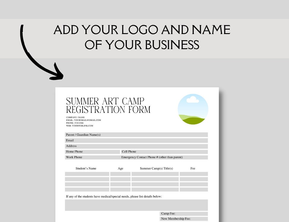 Editable and Printable Summer Art Camp Registration Form Template ...