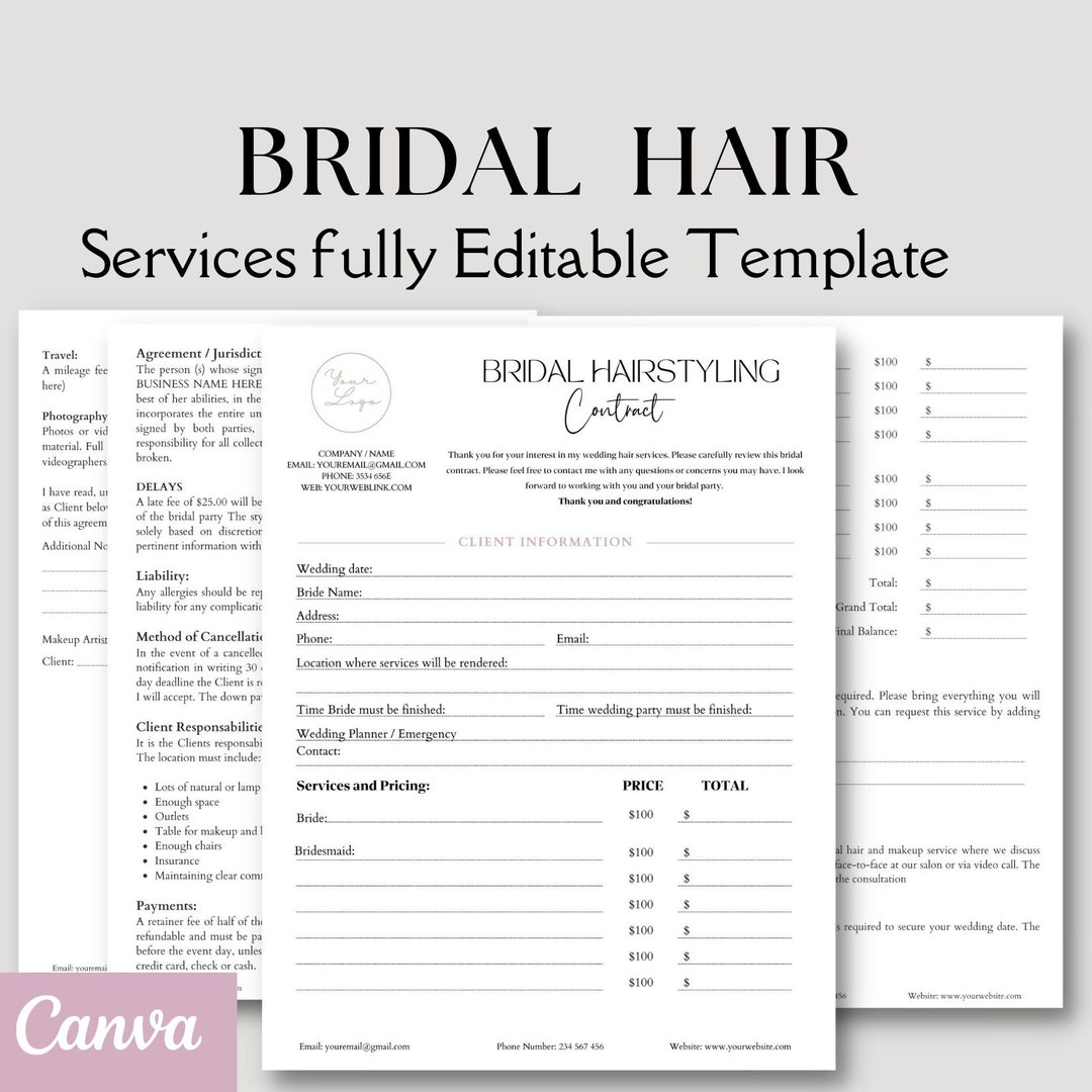 Bridal Hair Artist Contract Editable Template, Wedding Hair Stylist Bridal Hair Artist Contract Editable Template, Wedding Hair Stylist