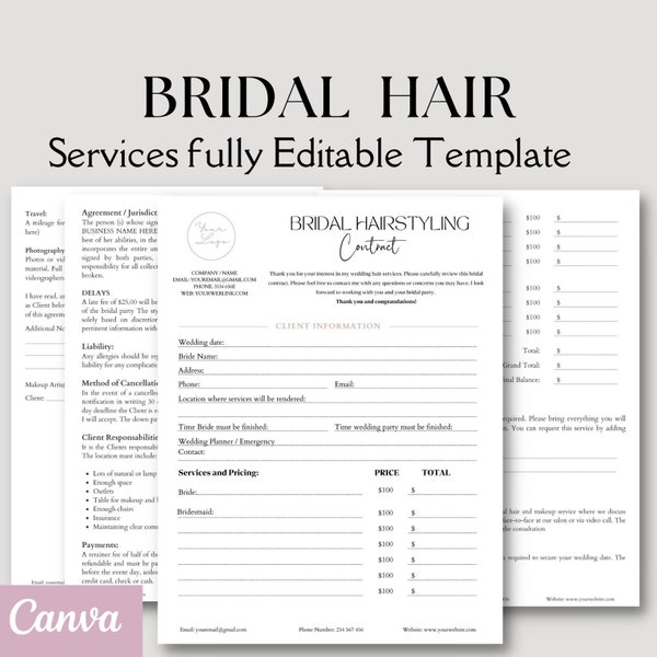 Plantilla editable de contrato de artista de cabello nupcial, acuerdo de estilista de cabello de boda, términos de reserva de boda editables para estilista de cabello de novia