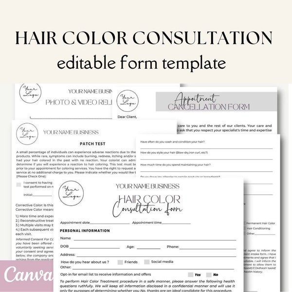 Editable and Printable Hair Color Consultation Form Template, Hair Color Waiver Form, Forms for Cosmetologist, Hair Stylist, Spa, Salon