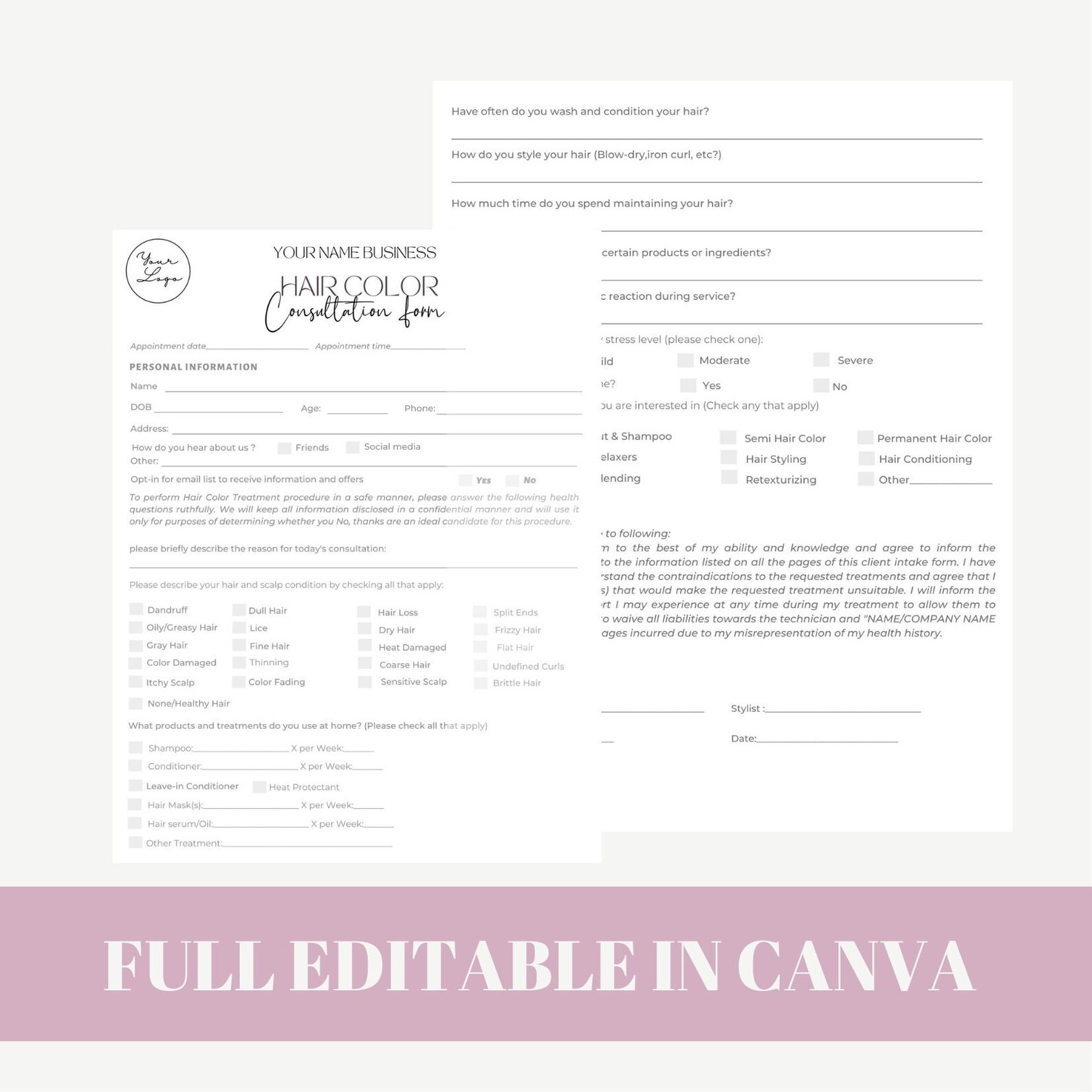 Editable and Printable Hair Color Consultation Form Template, Hair ...