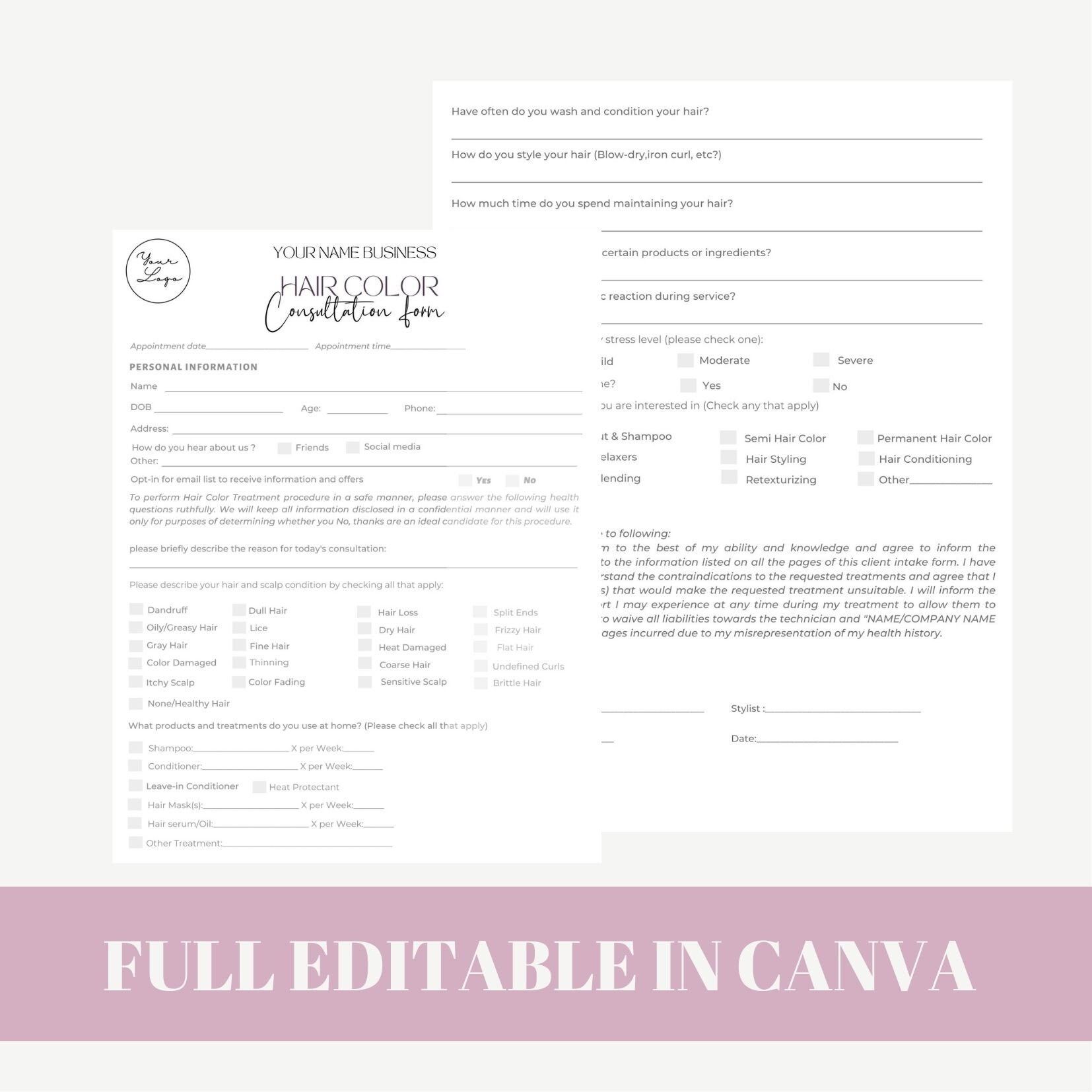 Editable and Printable Hair Color Consultation Form Template, Hair