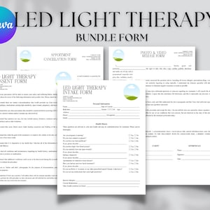 Edytowalny szablon formularza pakietu terapii światłem LED, formularz przyjęcia klienta na terapię diodą elektroluminescencyjną LED, formularze zgody na terapię światłem LED
