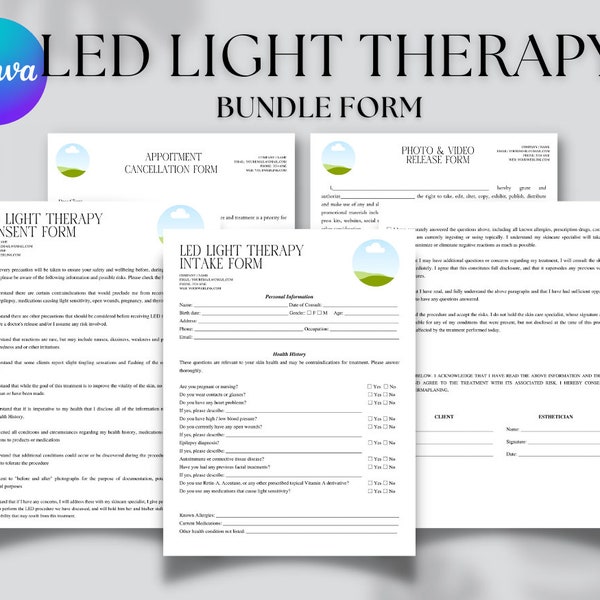 Editable LED light Therapy bundle form template, LED Light Emitting Diode therapy client intake form, LED Light Therapy consent forms