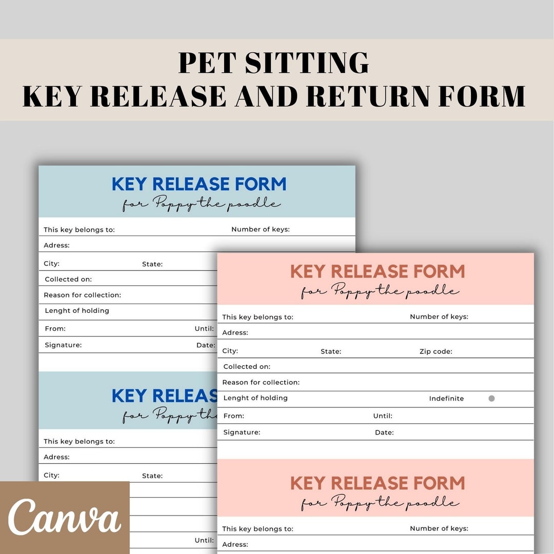 Pet Sitting Key Release and Return Form, Pet Sitter Editable Template
