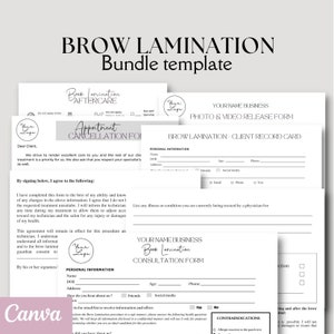 ensemble de modèles de laminage de sourcils modifiables, cartes de soin de laminage des sourcils, formulaire de consentement et de responsabilité, enregistrement du client, modification avec Canva