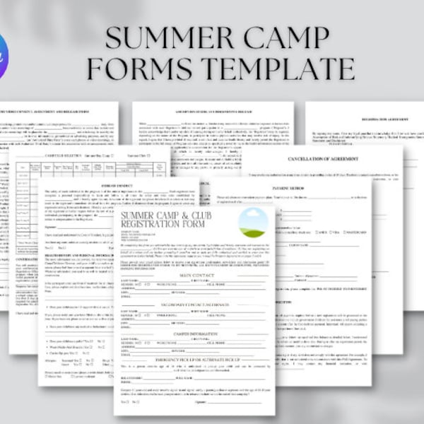 Plantilla de formulario de registro de campamento de verano editable e imprimible, plantilla editable de formularios de campamento de verano de Canva, formularios de club de verano