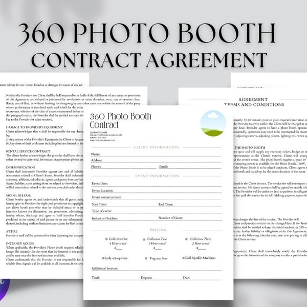 Editable Professional 360 Photo Booth Services contract Agreement, 360 Photo Booth Professional Contract Template, Video Booth Rental Terms