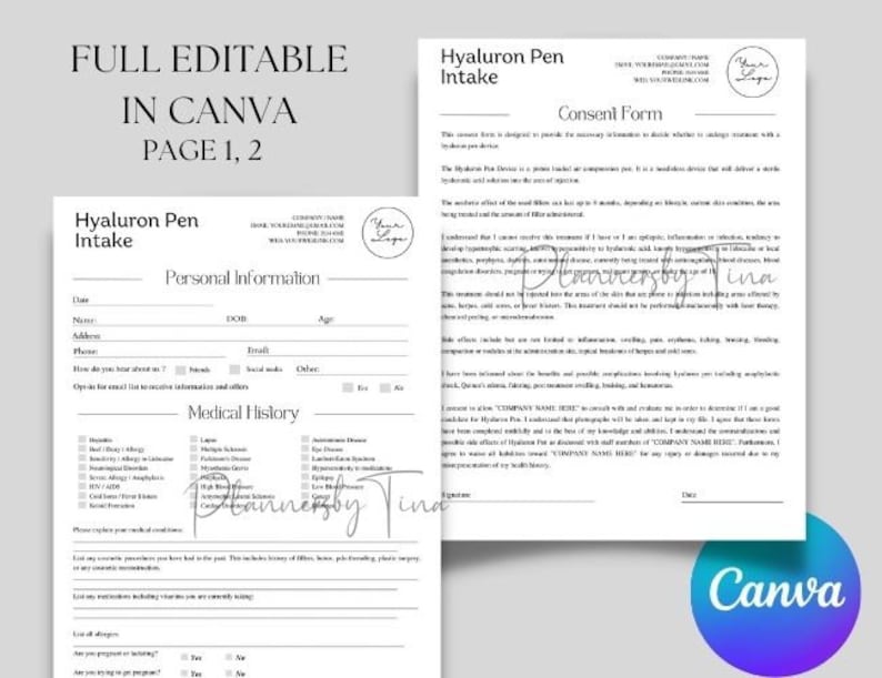 Editable and Printable Hyaluronic Acid Pen Intake Consent Forms
