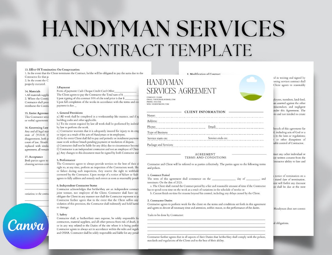 Editable Handyman Services Contract Agreement, Professional Handyman Editable Handyman Services Contract Agreement, Professional Handyman
