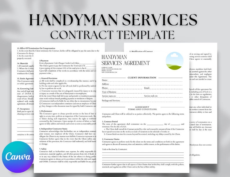 Editable Handyman Services Contract Agreement, Professional Handyman Editable Handyman Services Contract Agreement, Professional Handyman
