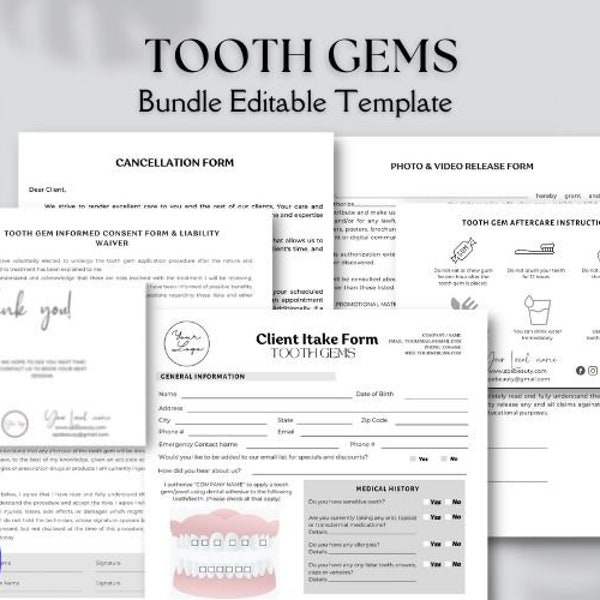 editable and Printable Tooth Gem Consent Form, Tooth Gem business Forms template, Tooth Gem Aftercare, Tooth Gem Waiver, bundle form